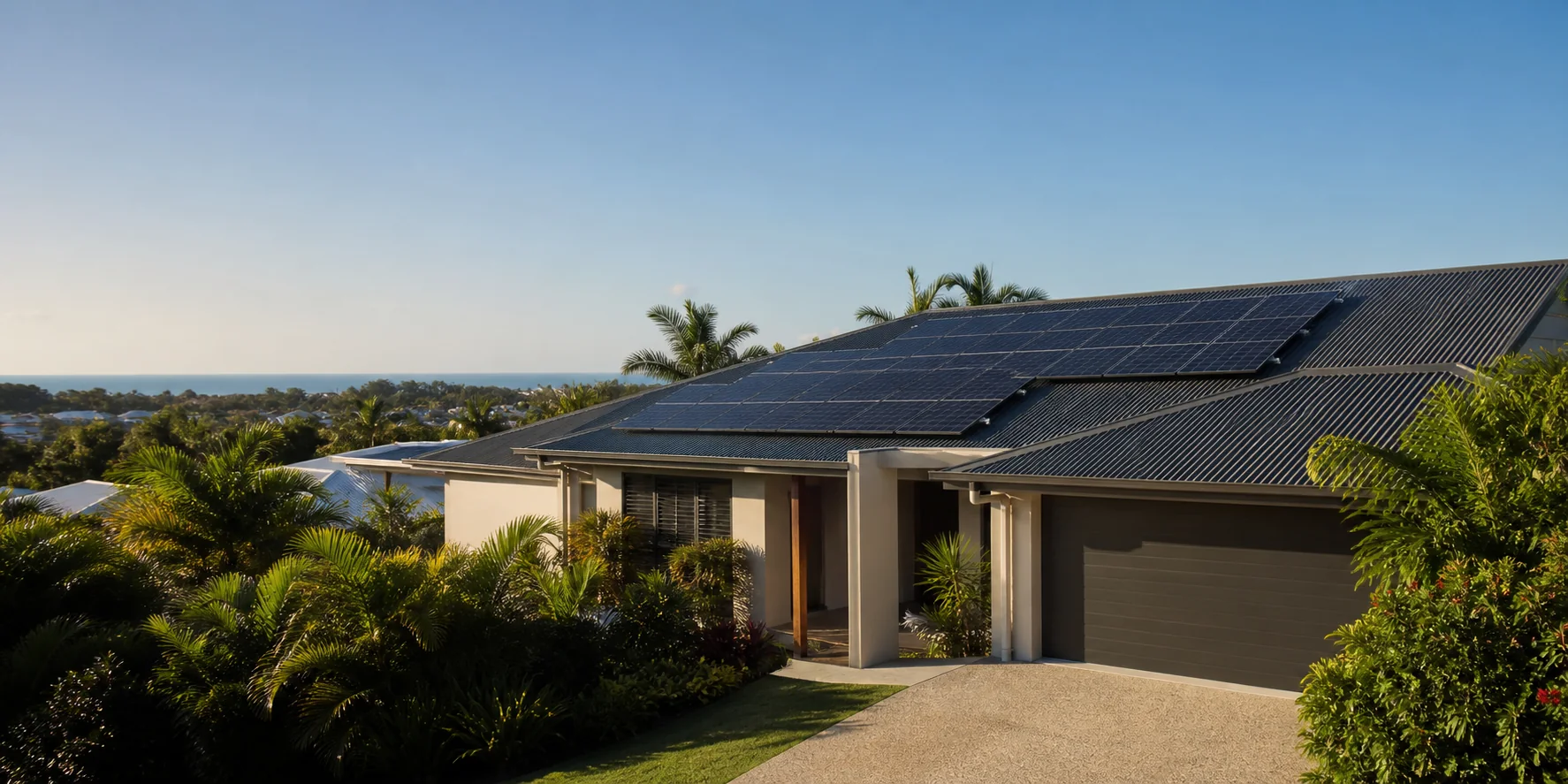 Solar installer positioning panels on a North Queensland home